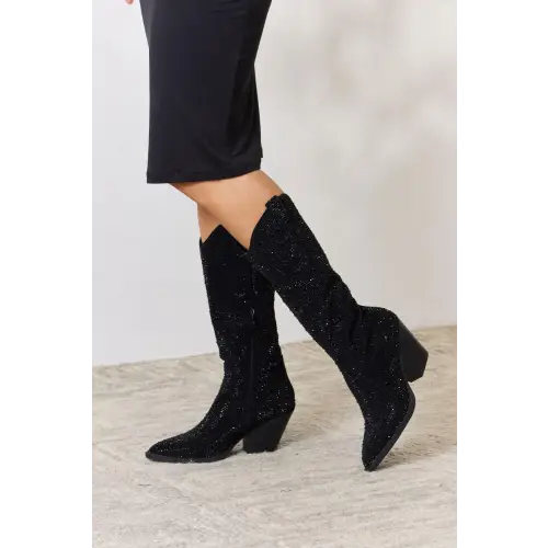 Forever Link Rhinestone Knee High Cowboy Boots - CM Fashion