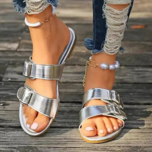 Open Toe Double Buckle Sandals - CM Fashion