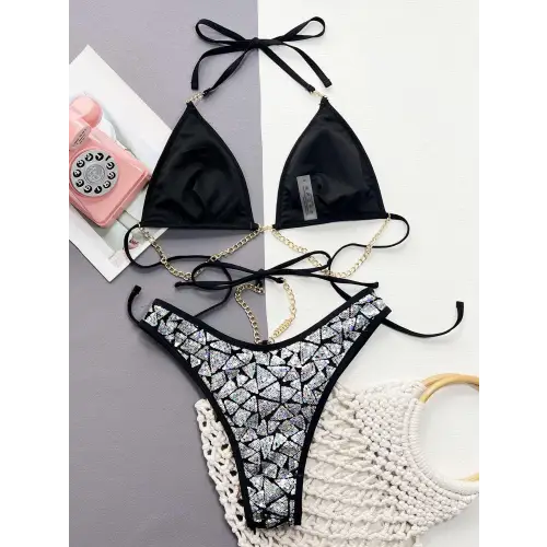 Dazzling Sequin Halter Neck Two-Piece Bikini Set for Summer Glamour