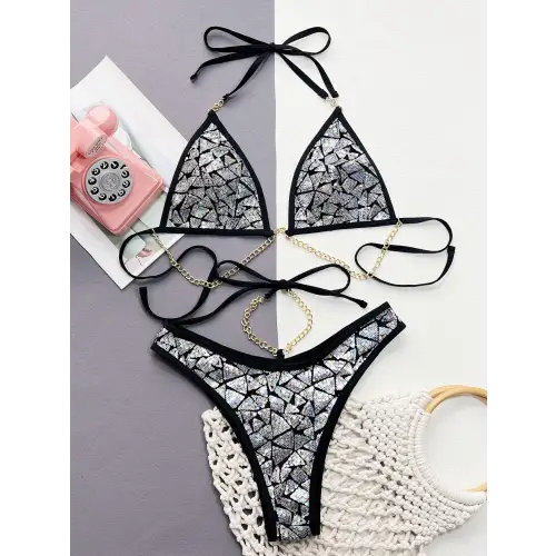Dazzling Sequin Halter Neck Two-Piece Bikini Set for Summer Glamour