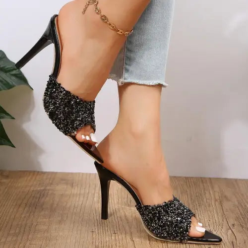 Dazzling Sequin Point Toe Mid Heel Sandals for Glamorous Nights