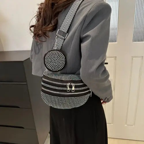Dazzling Studded Adjustable Strap Crossbody Bag for Night Out Glam