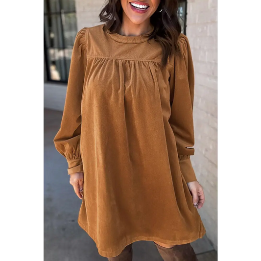 Desert Gold Velvet Pleated Puff Sleeve Dress for Stunning Style Desert Gold / XL