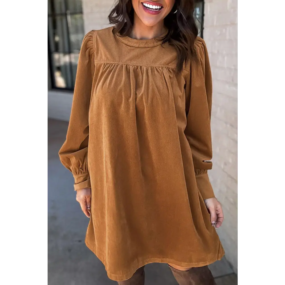 Desert Gold Velvet Pleated Puff Sleeve Dress for Stunning Style