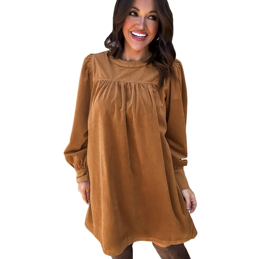 Desert Gold Velvet Pleated Puff Sleeve Dress for Stunning Style