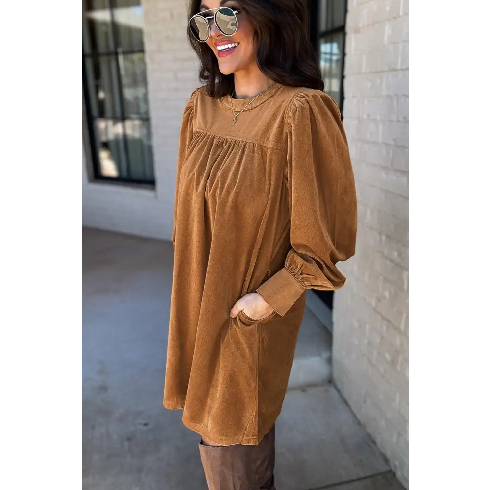 Desert Gold Velvet Pleated Puff Sleeve Dress for Stunning Style