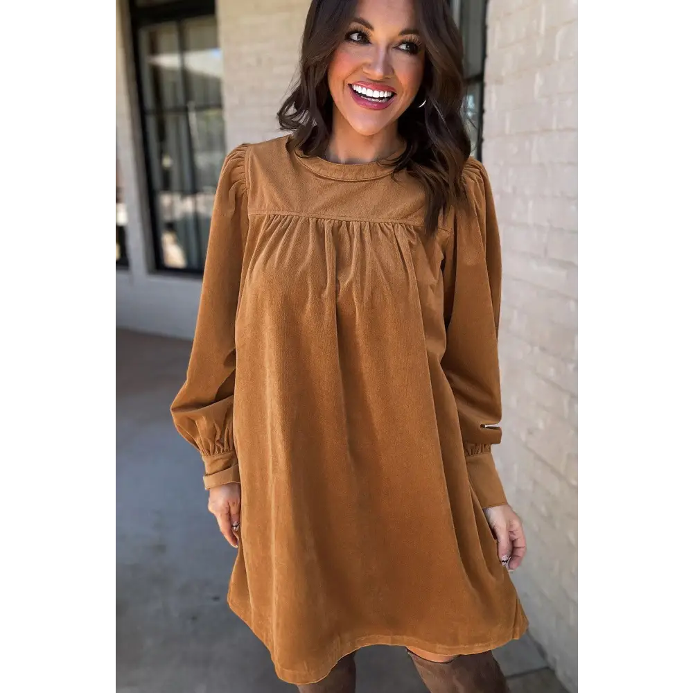 Desert Gold Velvet Pleated Puff Sleeve Dress for Stunning Style