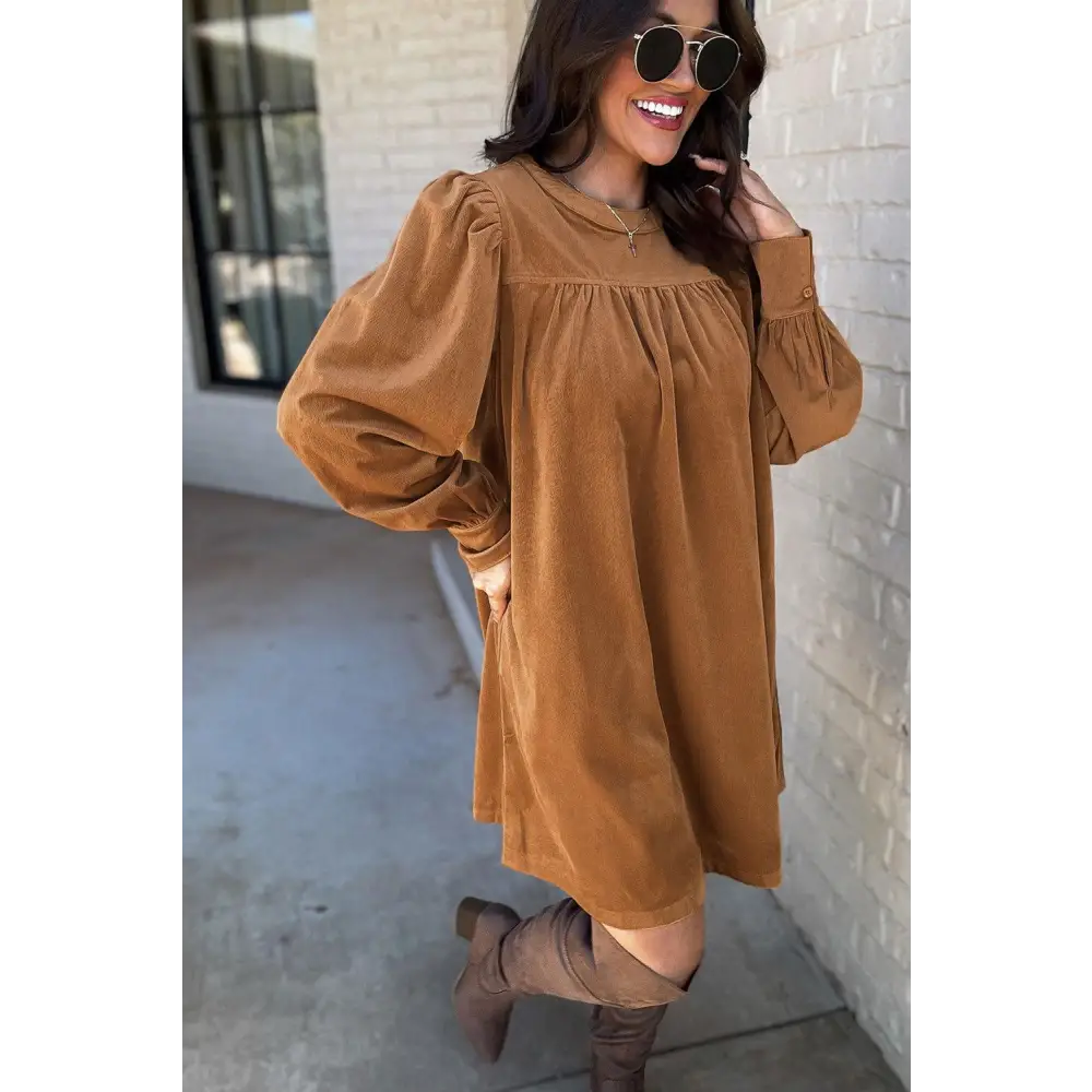 Desert Gold Velvet Pleated Puff Sleeve Dress for Stunning Style