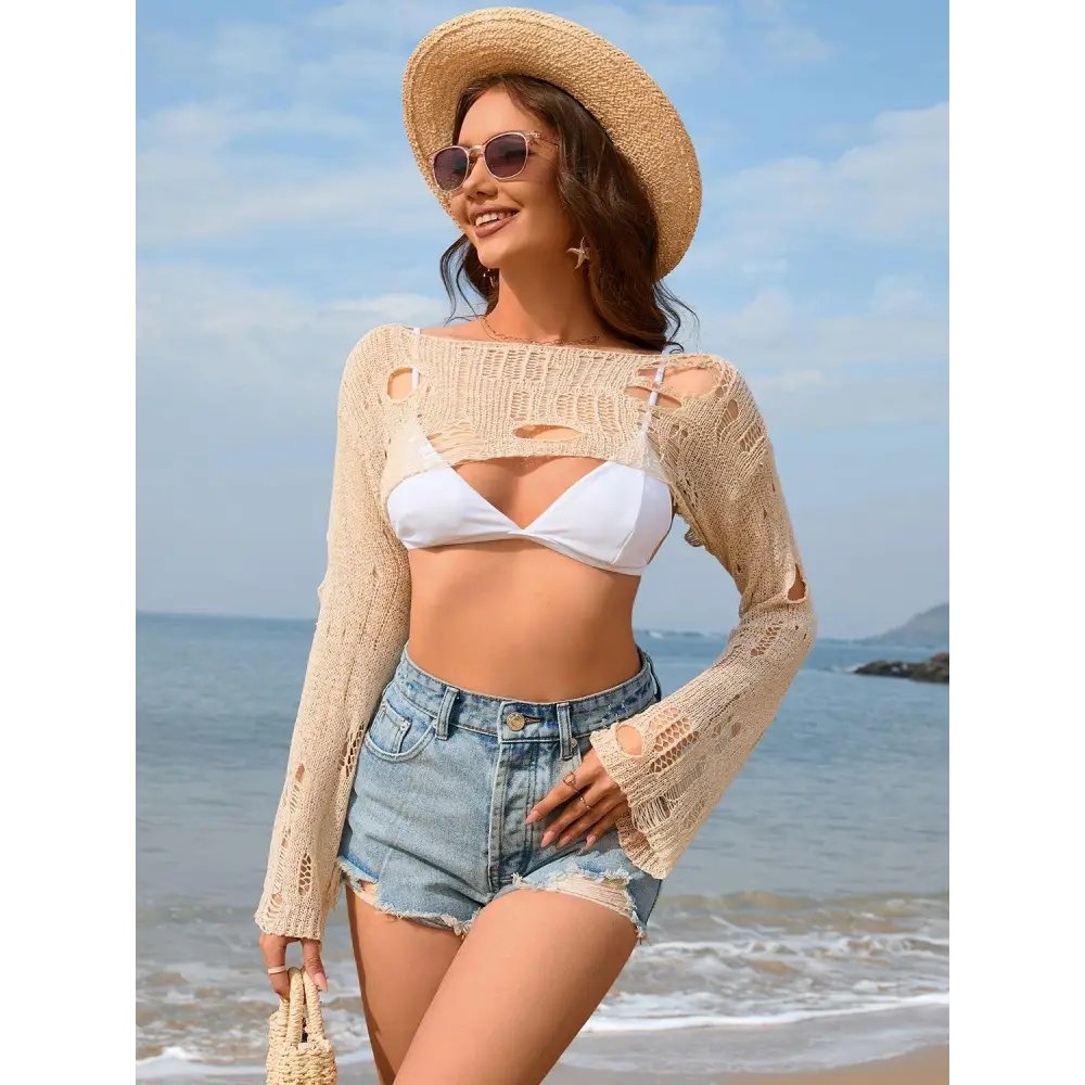 Distressed Boat Neck Long Sleeve Cover Up