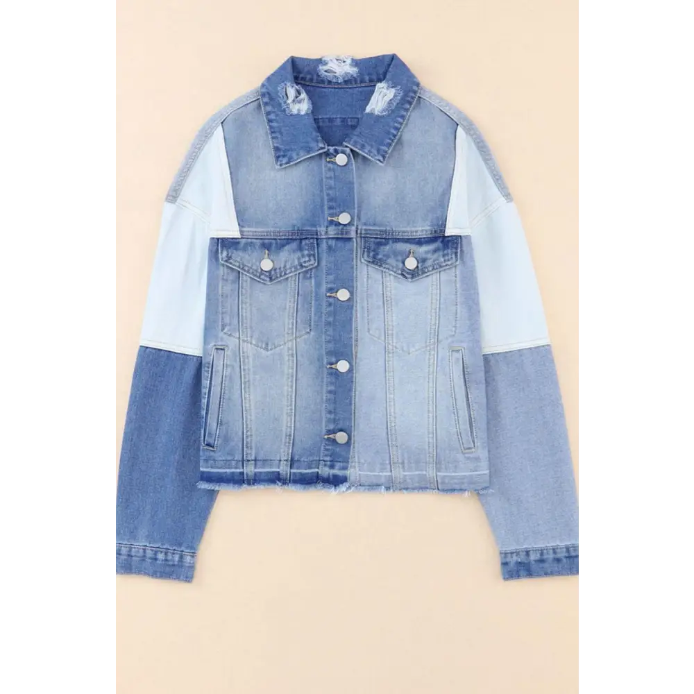 Edgy Drop Shoulder Denim Jacket with Distressed Button Details