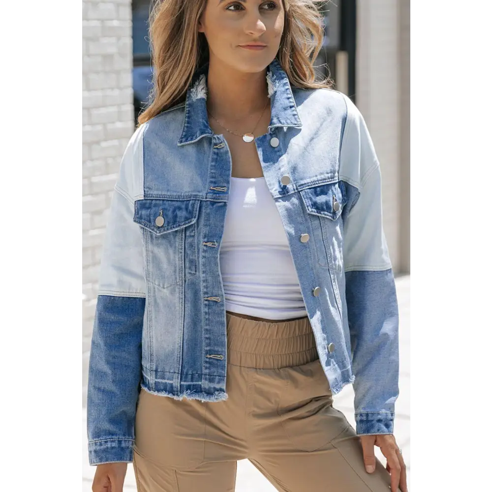 Edgy Drop Shoulder Denim Jacket with Distressed Button Details