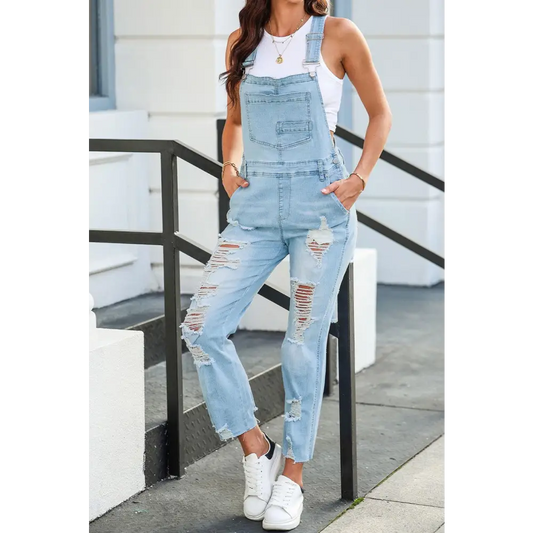 Distressed Denim Overalls with Pockets - CM Fashion