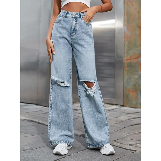 Distressed Wide Leg Jeans with Pockets - CM Fashion