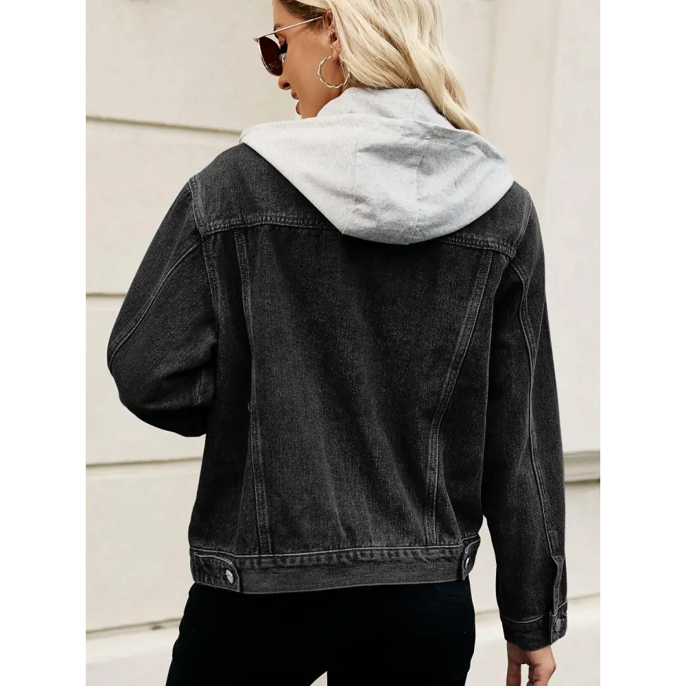 Stylish Black Denim Jacket with Gray Drawstring Hooded Button Design