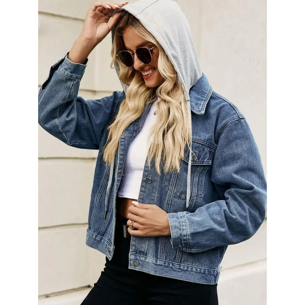 Stylish Black Denim Jacket with Gray Drawstring Hooded Button Design