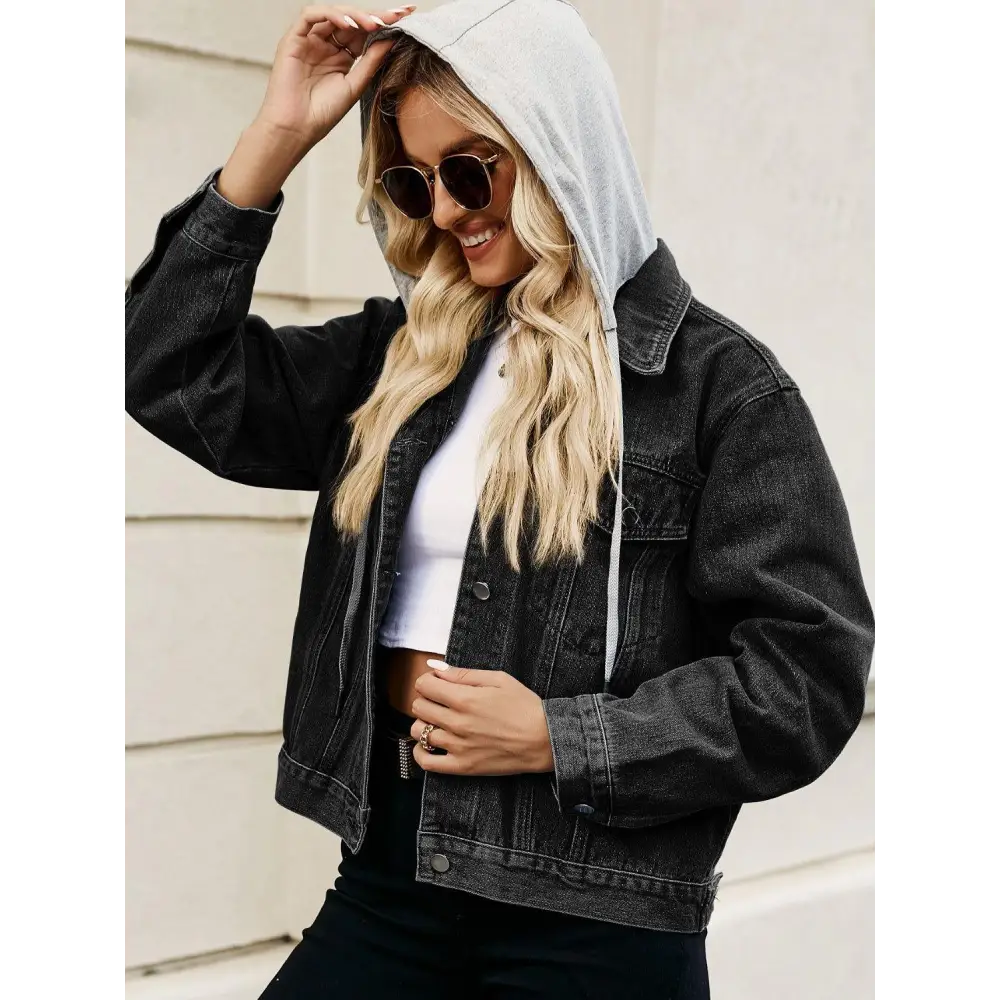 Stylish Black Denim Jacket with Gray Drawstring Hooded Button Design