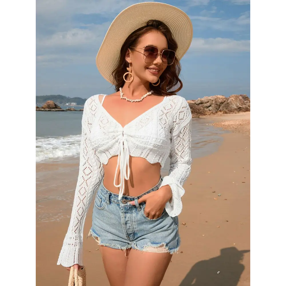 Breezy Drawstring Openwork Long Sleeve Cover-Up for Beach Chic