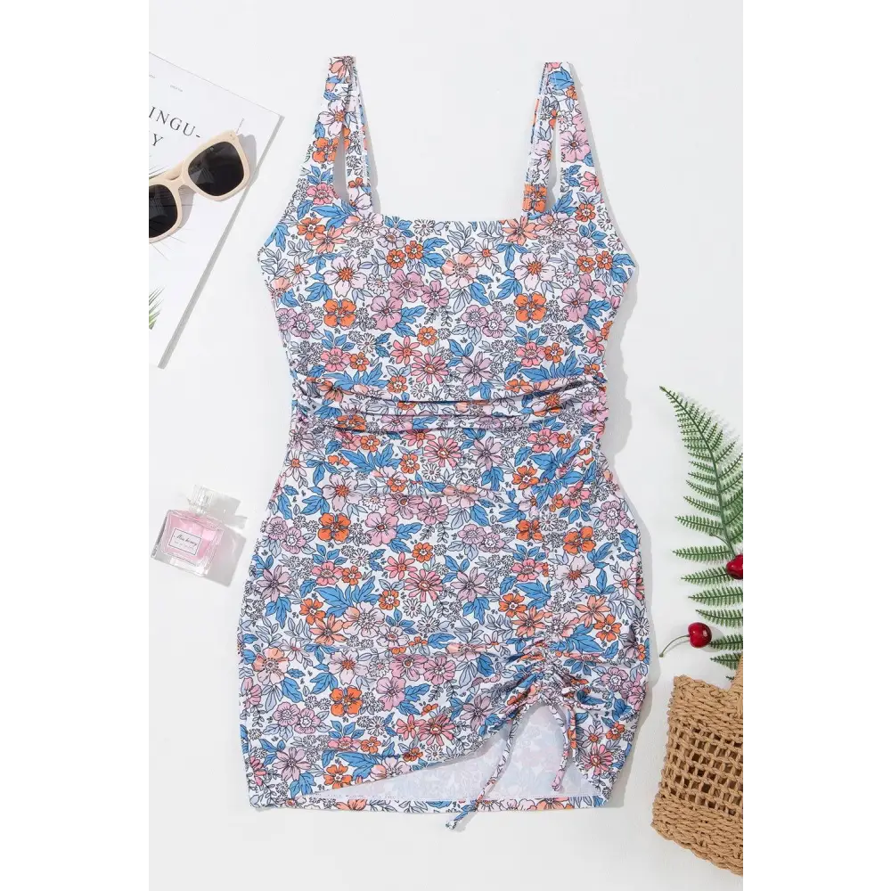 Floral Drawstring Printed Wide Strap Swim Dress for Summer Fun