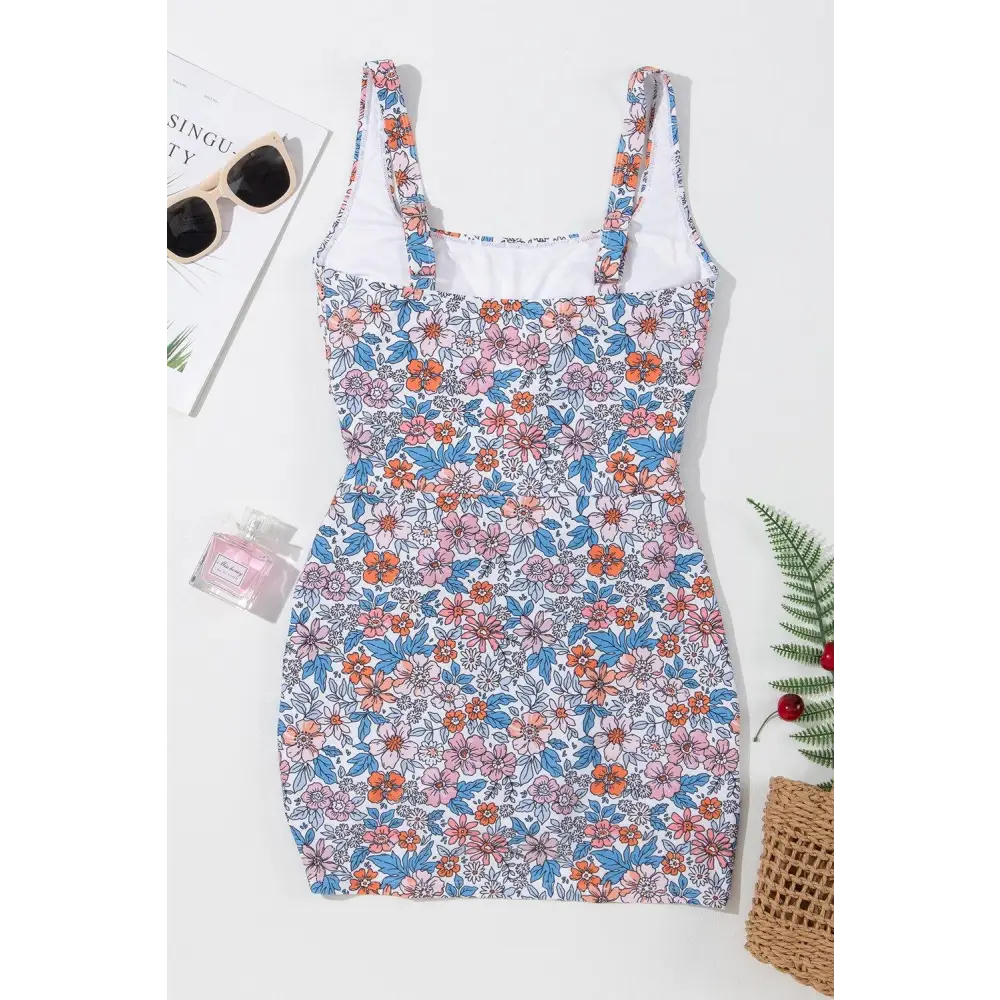 Floral Drawstring Printed Wide Strap Swim Dress for Summer Fun