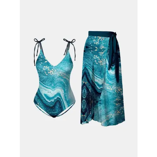 FAM-FAM Printed Tie Shoulder Swimwear and Skirt Swim Set - CM Fashion