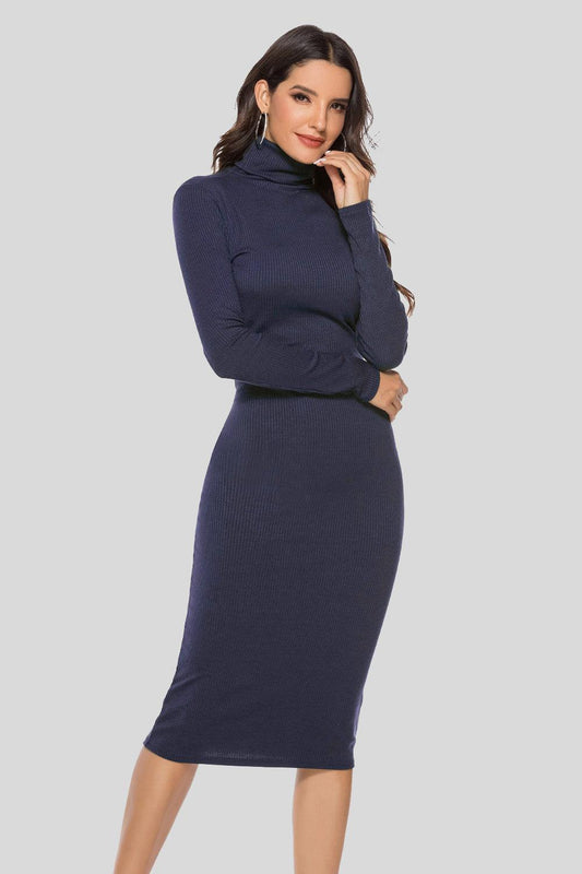 Ribbed Turtleneck Long Sleeve Dress - CM