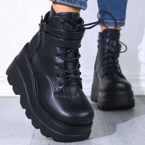 Edgy Leather Lace-Up Wedge Boots for Bold Style Statements