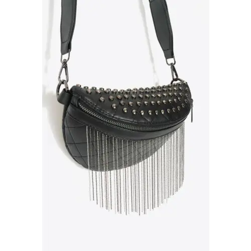 Edgy Leather Studded Sling Bag with Fringe Flair