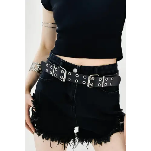 PU Leather Two Row Eyelet Belt - CM Fashion