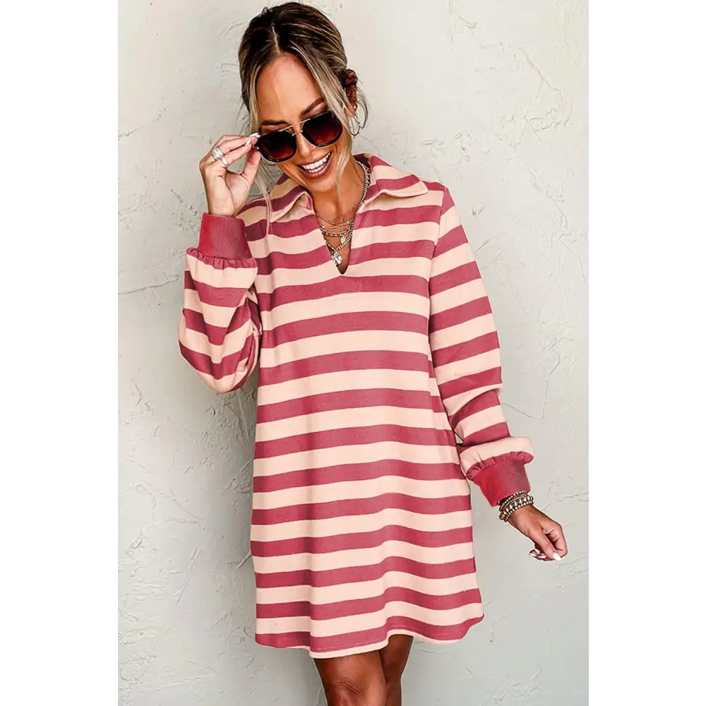 Effortlessly Chic Black Stripe Pocket Collared V Neck Dress in Pink