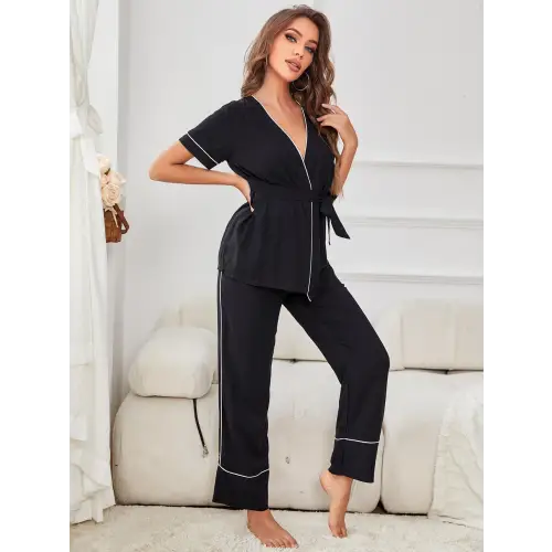 Contrast Piping Belted Top and Pants Pajama Set - CM Fashion