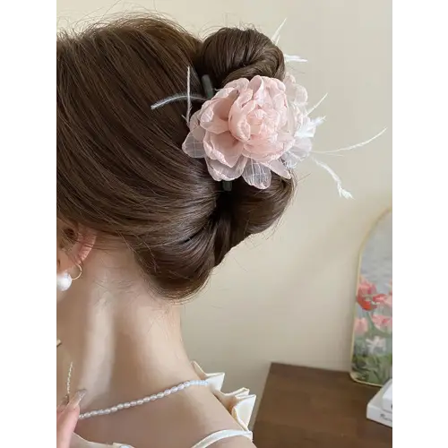 Elegant Feather Trim Flower Shape Hair Claw Clip