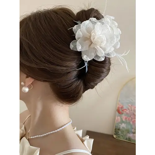 Elegant Feather Trim Flower Shape Hair Claw Clip