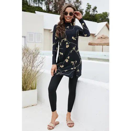 Elegant Floral Printed Mock Neck Long Sleeve Swim Set