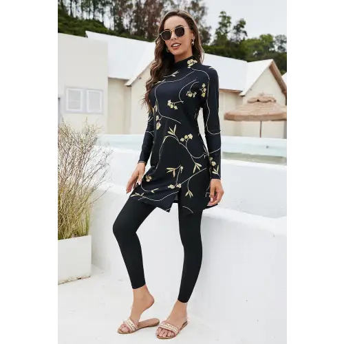 Elegant Floral Printed Mock Neck Long Sleeve Swim Set