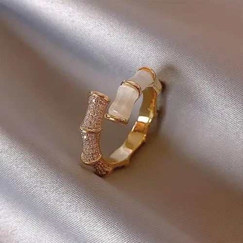 Elegant Gold Bamboo Zirconia Open Ring with Adjustable Sizing