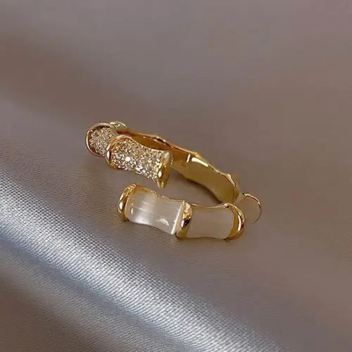 Elegant Gold Bamboo Zirconia Open Ring with Adjustable Sizing