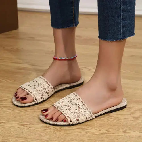 Lace Open Toe Flat Sandals - CM Fashion