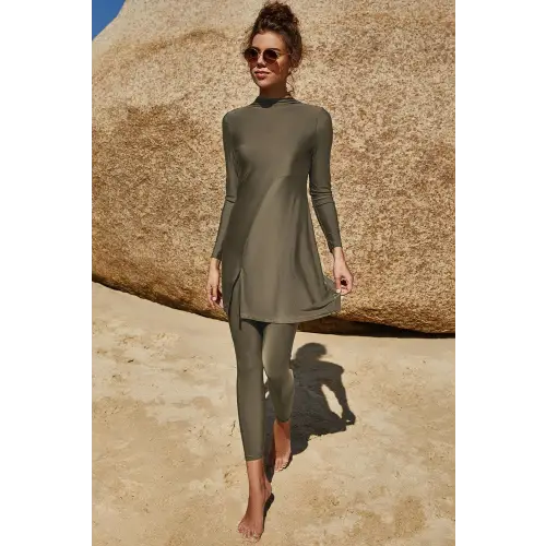 Slit Mock Neck Long Sleeve Top and Pants Swim Set - CM Fashion