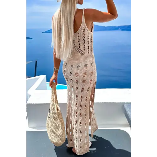 Elegant Openwork Slit Scoop Neck Sleeveless Crochet Maxi Dress