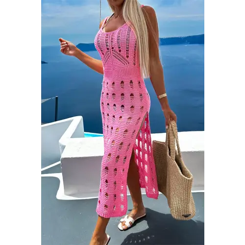 Elegant Openwork Slit Scoop Neck Sleeveless Crochet Maxi Dress