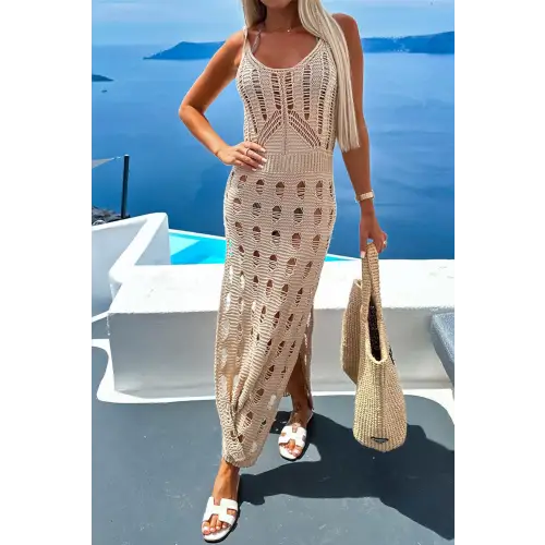 Elegant Openwork Slit Scoop Neck Sleeveless Crochet Maxi Dress