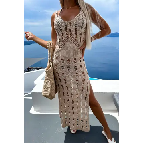 Elegant Openwork Slit Scoop Neck Sleeveless Crochet Maxi Dress