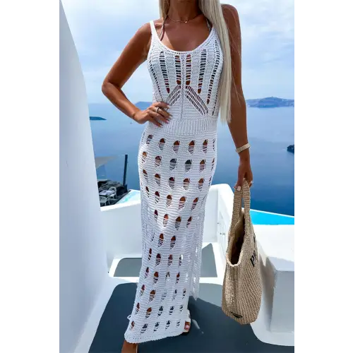 Elegant Openwork Slit Scoop Neck Sleeveless Crochet Maxi Dress