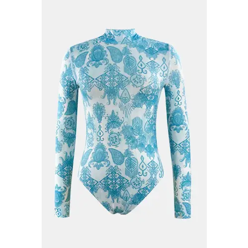 Elegant Printed Mock Neck Long Sleeve One-Piece Swimsuit