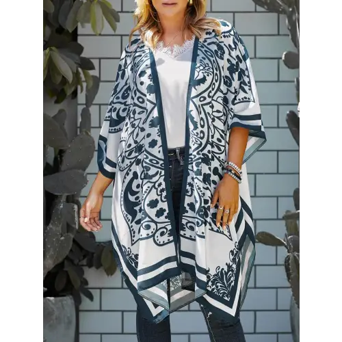 Elegant Printed Open Kimono Cover-Up for Romantic Beach Days