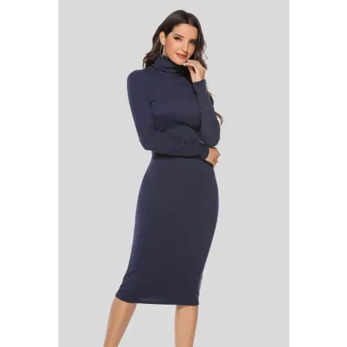 Ribbed Turtleneck Long Sleeve Dress - CM Fashion