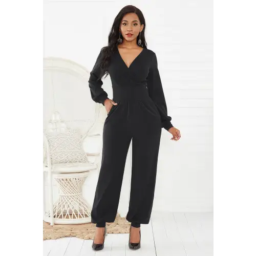 Gathered Detail Surplice Lantern Sleeve Jumpsuit - CM