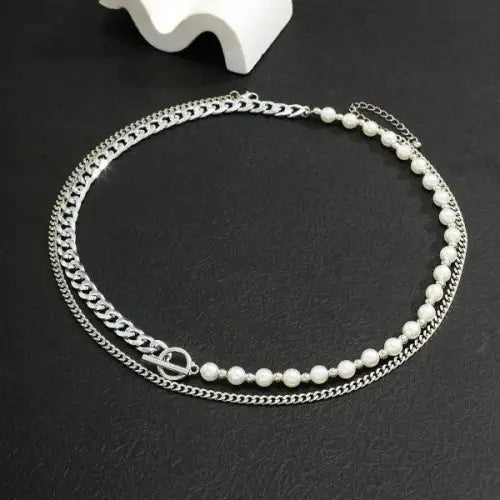 Elevate Your Look with Pearl Double Layer Hip-Hop Style Necklace 