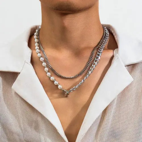 Elevate Your Look with Pearl Double Layer Hip-Hop Style Necklace