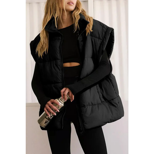 Black Solid Zipper Stand Neck Oversized Puffer Vest - CM Fashion